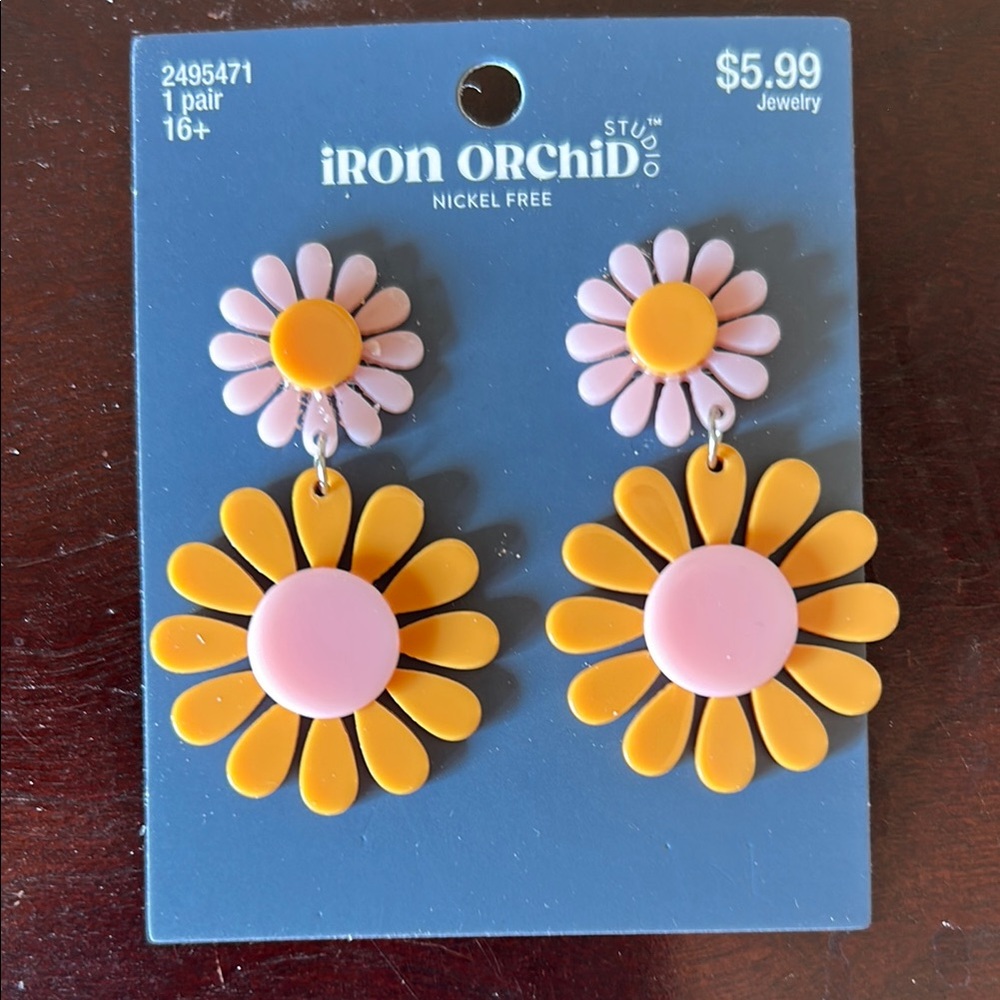 Iron Orchid Pink & Yellow Daisy Drop Earrings